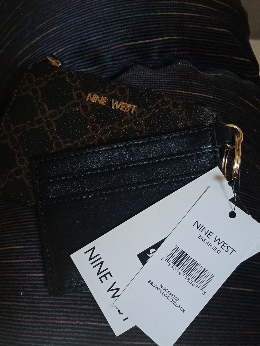 Nine West Black and Brown Logo Card Holder with Gold Hardware